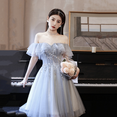 Cute tulle beads short a line prom dress gray evening dress - Thumbnail 2