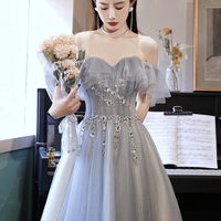 Cute tulle beads short A line prom dress gray evening dress - Thumbnail 2