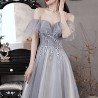 Cute tulle beads short A line prom dress gray evening dress - Thumbnail 3
