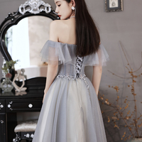 Cute tulle beads short A line prom dress gray evening dress - Thumbnail 5