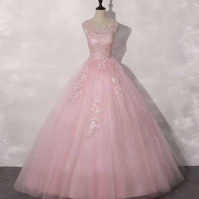 Pink tulle lace long ball gown dress formal dress - Thumbnail 3