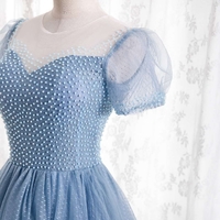 Blue tulle long A line prom dress blue evening dress - Thumbnail 1