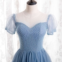 Blue tulle long A line prom dress blue evening dress - Thumbnail 4
