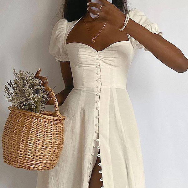 Women'S Solid Color Short-Sleeved Split Princess Dress