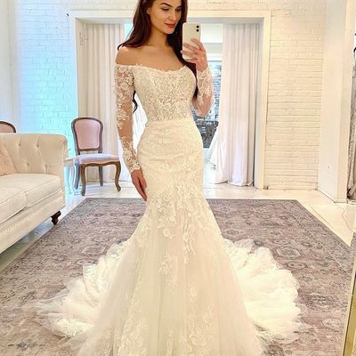Mermaid off the shoulder long sleeve lace wedding dresses - Thumbnail 2
