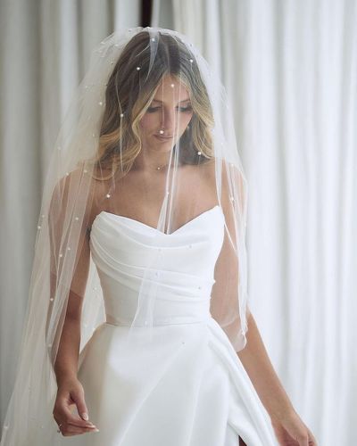 Gorgeous A-Line Strapless White Satin Wedding Dresses with Slit