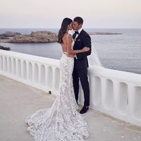 Mermaid V Neck Backless Lace Wedding Dresses with Train - Thumbnail 2