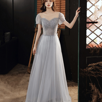 Cute tulle beads long a line prom dress evening dress - Thumbnail 3