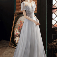 Cute tulle beads long A line prom dress evening dress - Thumbnail 1