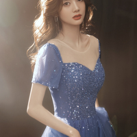 Cute tulle beads long A line prom dress evening dress - Thumbnail 7