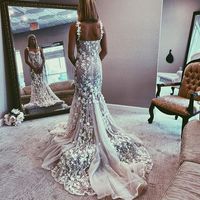 Romantic Luxuerious Mermaid Straps 3D Lace Wedding Dress for Beach Wedding - Thumbnail 2