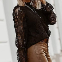 Women'S Lace Stand Collar Long Sleeve Loose Lace Shirt - Thumbnail 4