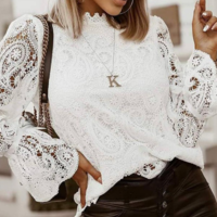Women'S Lace Stand Collar Long Sleeve Loose Lace Shirt - Thumbnail 1