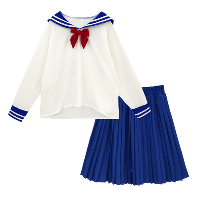 New navy collar college wind bow sweater + pleated skirt two-piece suit