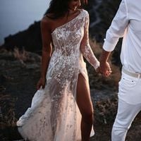 One Shoulder White Lace Beach Wedding Dresses 2020-2022 - Thumbnail 1