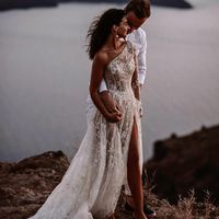 One Shoulder White Lace Beach Wedding Dresses 2020-2022 - Thumbnail 5