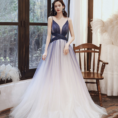 Stylish v neck tulle long a line prom dress blue evening dress - Thumbnail 3