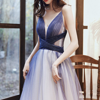 Stylish v neck tulle long A line prom dress blue evening dress - Thumbnail 1