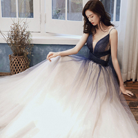 Stylish v neck tulle long A line prom dress blue evening dress - Thumbnail 5