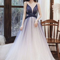 Stylish v neck tulle long A line prom dress blue evening dress - Thumbnail 6