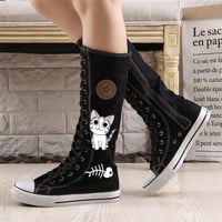 Korean version of the zipper high top hand-painted graffiti canvas shoes cartoon anime high tube couple boots - Thumbnail 3