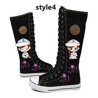 Korean version of the zipper high top hand-painted graffiti canvas shoes cartoon anime high tube couple boots - Thumbnail 7