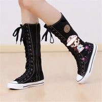 Korean version of the zipper high top hand-painted graffiti canvas shoes cartoon anime high tube couple boots - Thumbnail 8
