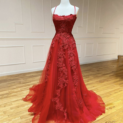 Red lace long prom dress red evening dress,long prom dresses,lace appliques with beads,454 - Thumbnail 5