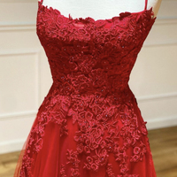 Red lace long prom dress red evening dress,long prom dresses,lace appliques with beads,454 - Thumbnail 1