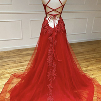 Red lace long prom dress red evening dress,long prom dresses,lace appliques with beads,454 - Thumbnail 3