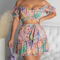 Sexy Off Shoulder Floral Print Top & Frill Hem Skirt Set - Thumbnail 1