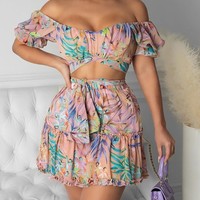 Sexy Off Shoulder Floral Print Top & Frill Hem Skirt Set - Thumbnail 2
