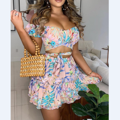 Sexy off shoulder floral print top & frill hem skirt set