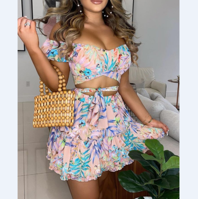 Sexy Off Shoulder Floral Print Top & Frill Hem Skirt Set