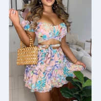 Sexy Off Shoulder Floral Print Top & Frill Hem Skirt Set