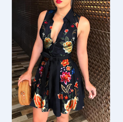 Sleeveless V-Neck Fashion Sexy Printed Dress