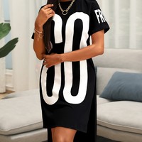 Fashion Letter Print High Slit T-Shirt Dress - Thumbnail 1