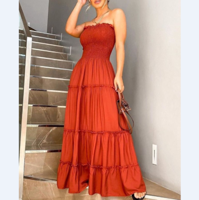 Design Bandeau Shirring Design Layered Ruffles Maxi Dress