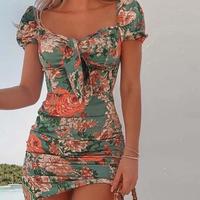 Short Sleeve High Waist Printed Puff Sleeve Dress - Thumbnail 2