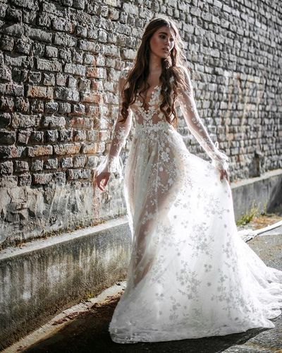 Romantic A-Line Long Sleeves White Lace Wedding Dresses