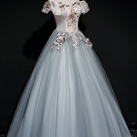 Gray tulle lace long ball gown dress formal dress - Thumbnail 1