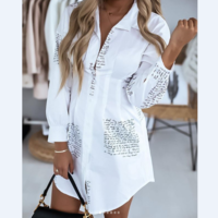 Long Sleeve V-Neck Letter Print Ladies Dress - Thumbnail 1