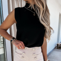 Solid Color Round Neck Sleeveless Shirt - Thumbnail 2