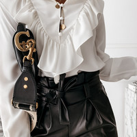 Long-Sleeved Ruffled V-Neck Women Button Shirt - Thumbnail 1