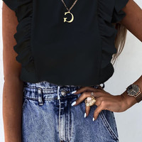 Solid Color Ruffled Short-Sleeved Round Neck Shirt - Thumbnail 1