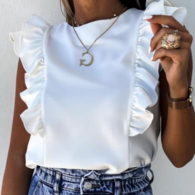 Solid color ruffled short-sleeved round neck shirt