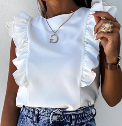 Solid Color Ruffled Short-Sleeved Round Neck Shirt