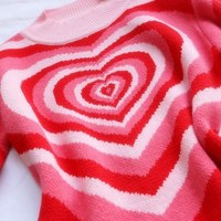 Cute Sweet 90s Hot Pink Heart Striped Long Sleeve Knit Top Sweater Sweatshirt Pullover Jumper Autumn E-Girl Kawaii Korean Japanese Harajuku Streetwear - Thumbnail 4
