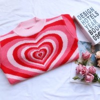 Cute Sweet 90s Hot Pink Heart Striped Long Sleeve Knit Top Sweater Sweatshirt Pullover Jumper Autumn E-Girl Kawaii Korean Japanese Harajuku Streetwear - Thumbnail 8