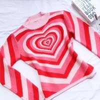 Cute Sweet 90s Hot Pink Heart Striped Long Sleeve Knit Top Sweater Sweatshirt Pullover Jumper Autumn E-Girl Kawaii Korean Japanese Harajuku Streetwear - Thumbnail 9